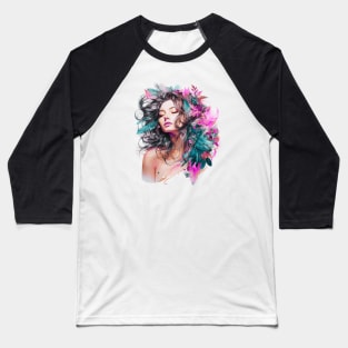 Boho Chic Goddess, Enchanting Feather Headdress Woman (Teal, Pink, and Gray) Baseball T-Shirt